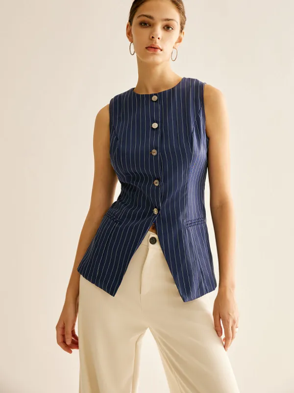 Pinstripe Button Sleeveless Shirt sold by COMMENSE