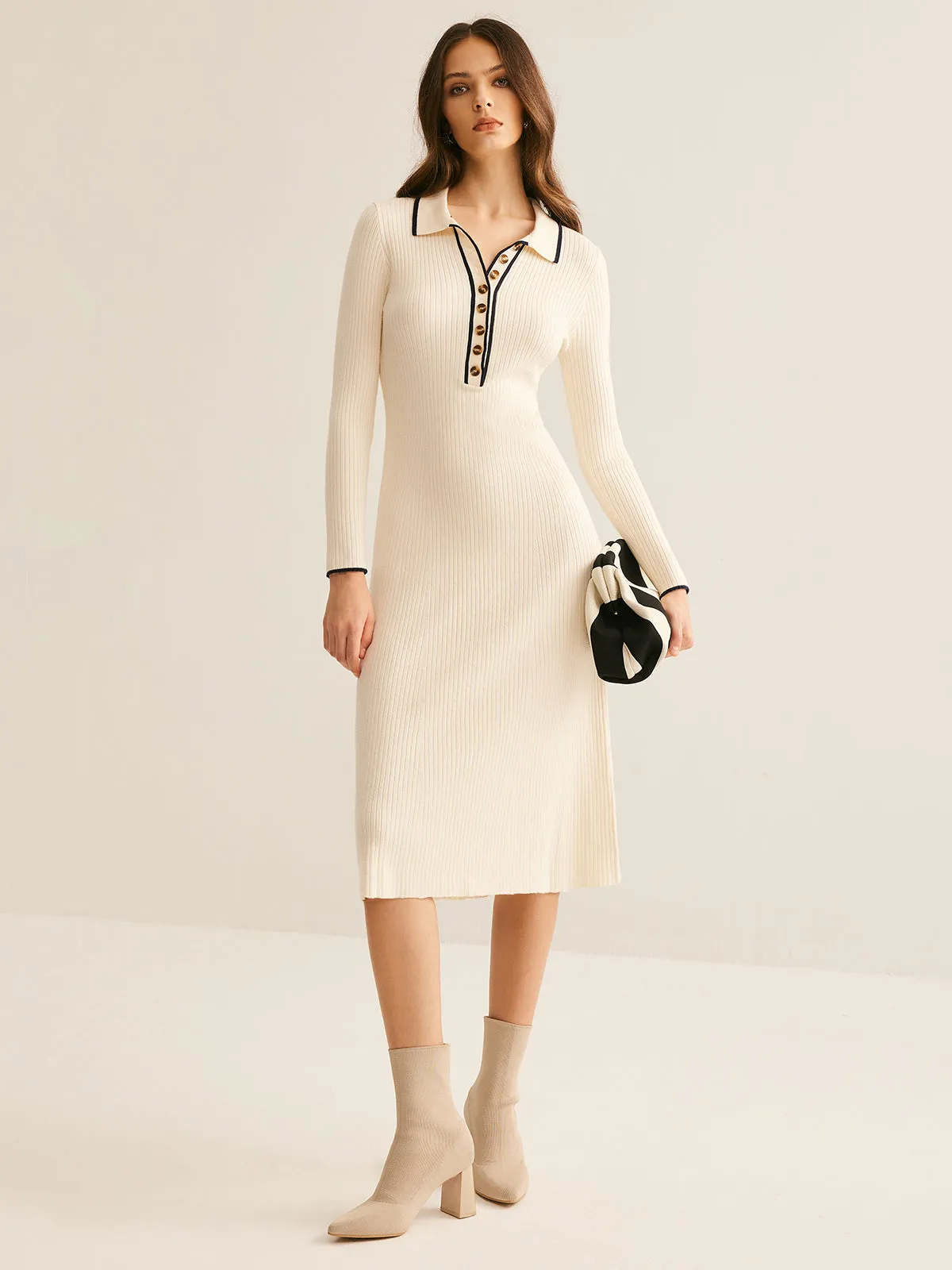 Contrast Trim Lapel Sweater Dress sold by COMMENSE product image thumbnail 3