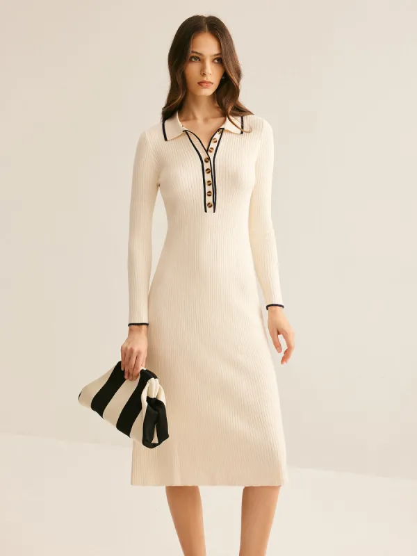 Contrast Trim Lapel Sweater Dress sold by COMMENSE