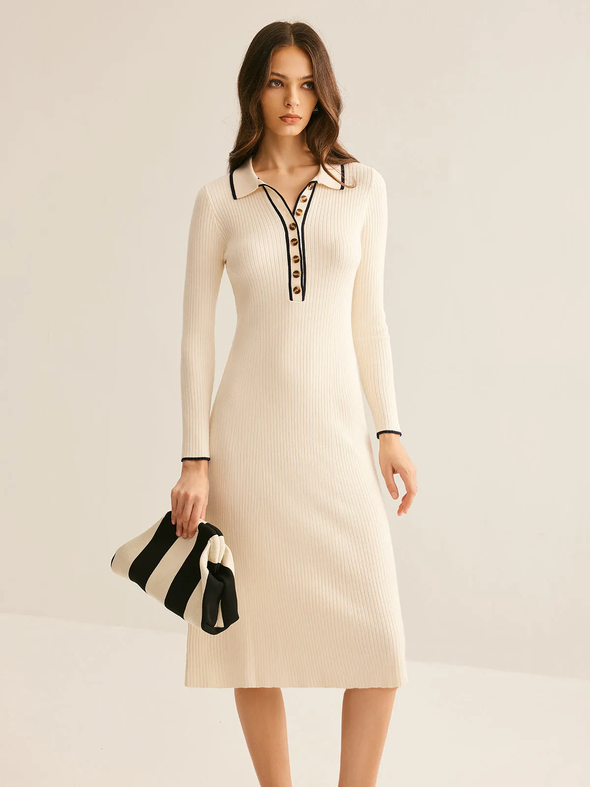 Contrast Trim Lapel Sweater Dress sold by COMMENSE