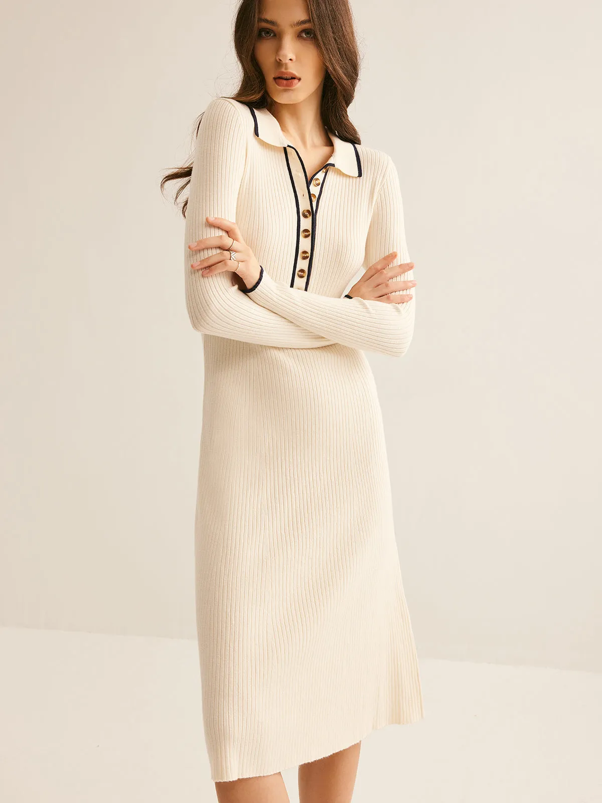 Contrast Trim Lapel Sweater Dress sold by COMMENSE product image thumbnail 5