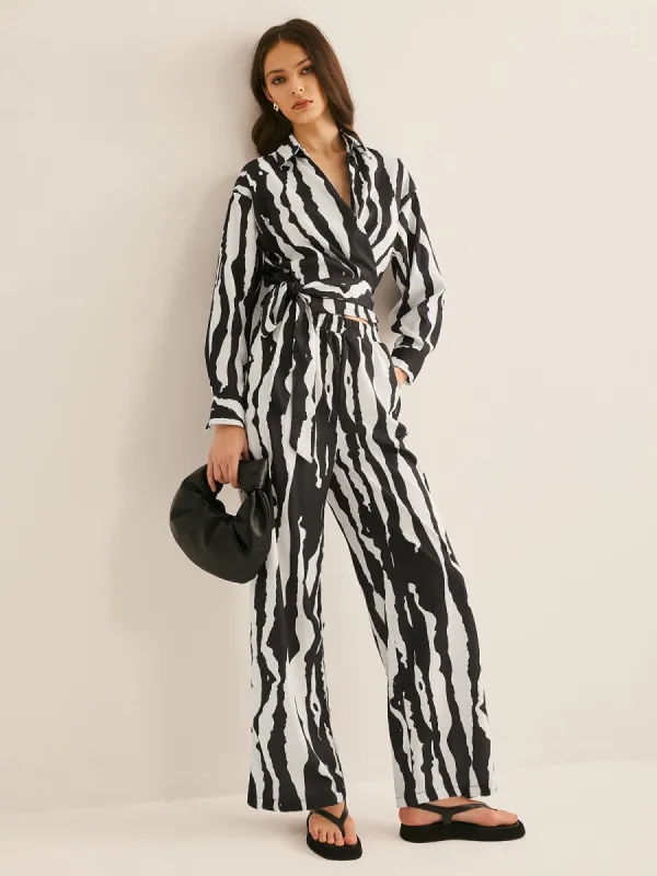 V-Neck Zebra Printed Pants Set sold by COMMENSE