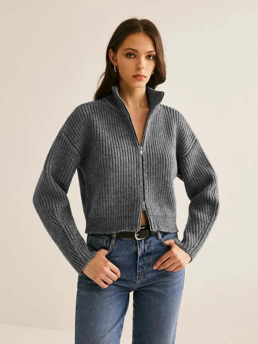 Turn-Down Collar Double Zippered Knit Cardigan main image 0