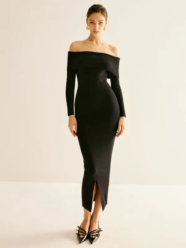 Off-Shoulder Split Sweater Dress sold by COMMENSE