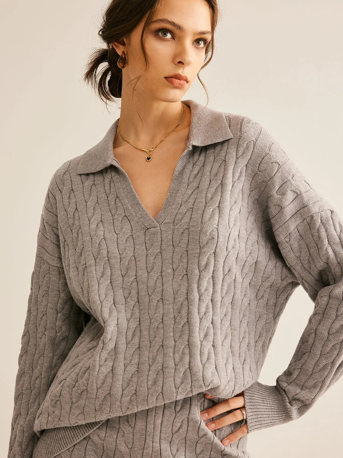 Lapel Cable Sweater sold by COMMENSE product image thumbnail 2