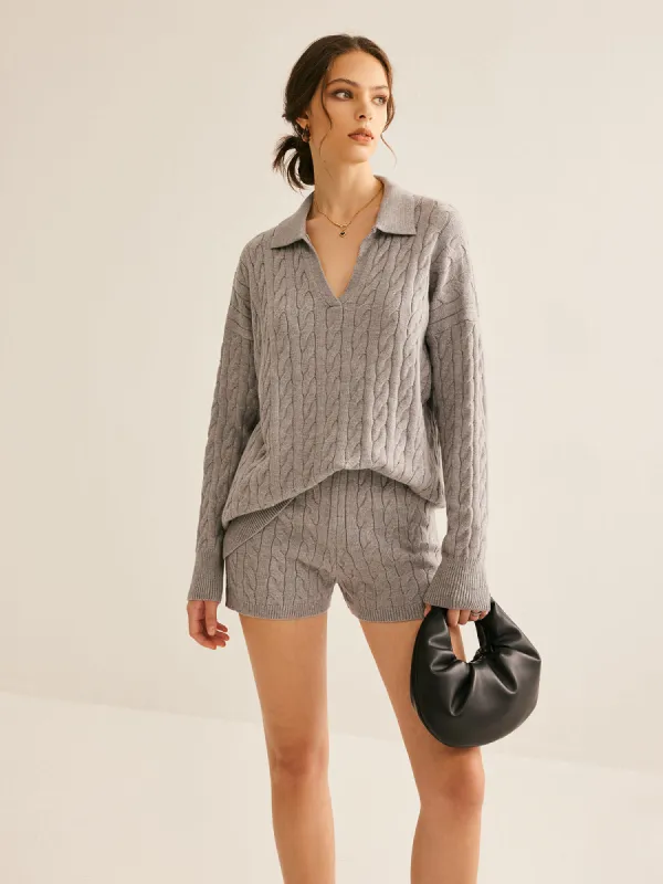 Lapel Cable Sweater sold by COMMENSE