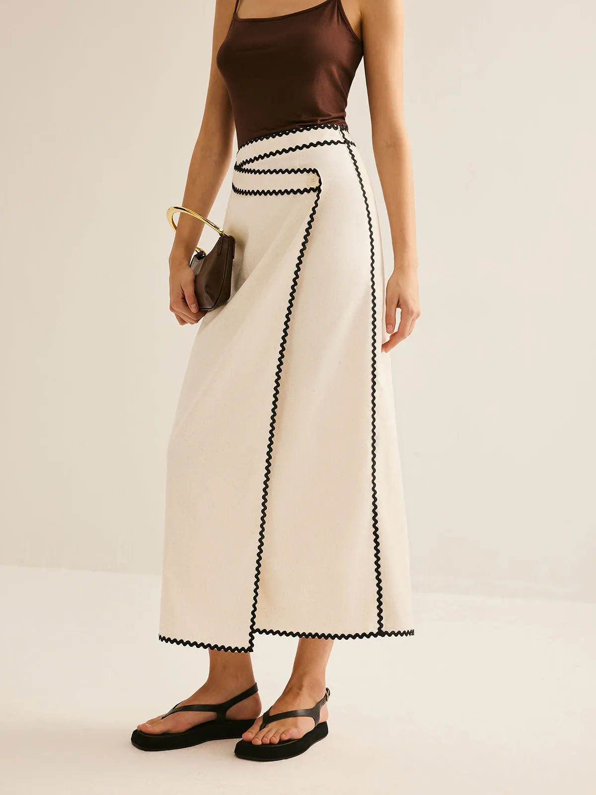 Cotton & Linen Wave Trim Midi Skirt sold by COMMENSE