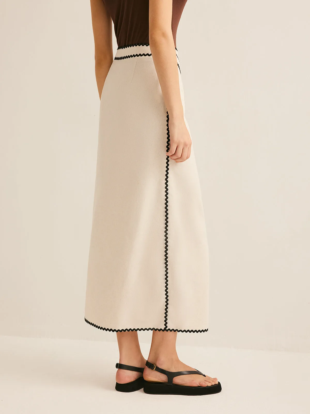 Cotton & Linen Wave Trim Midi Skirt sold by COMMENSE product image thumbnail 5