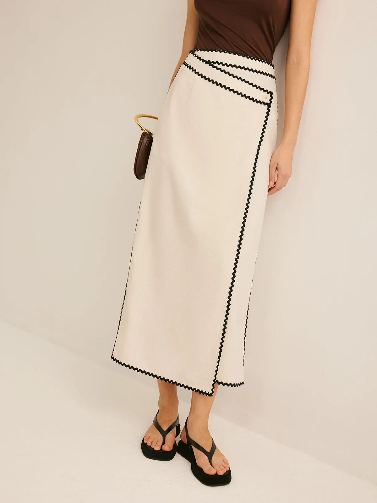 Cotton & Linen Wave Trim Midi Skirt sold by COMMENSE product image thumbnail 2