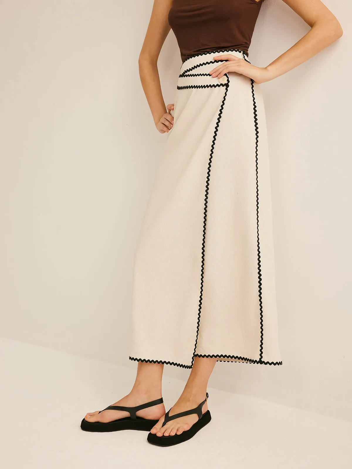 Cotton & Linen Wave Trim Midi Skirt sold by COMMENSE product image thumbnail 3