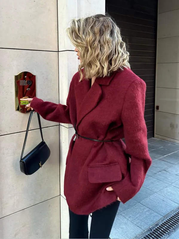 Wool-Blend Belted Blazer With Shoulder Pads sold by COMMENSE