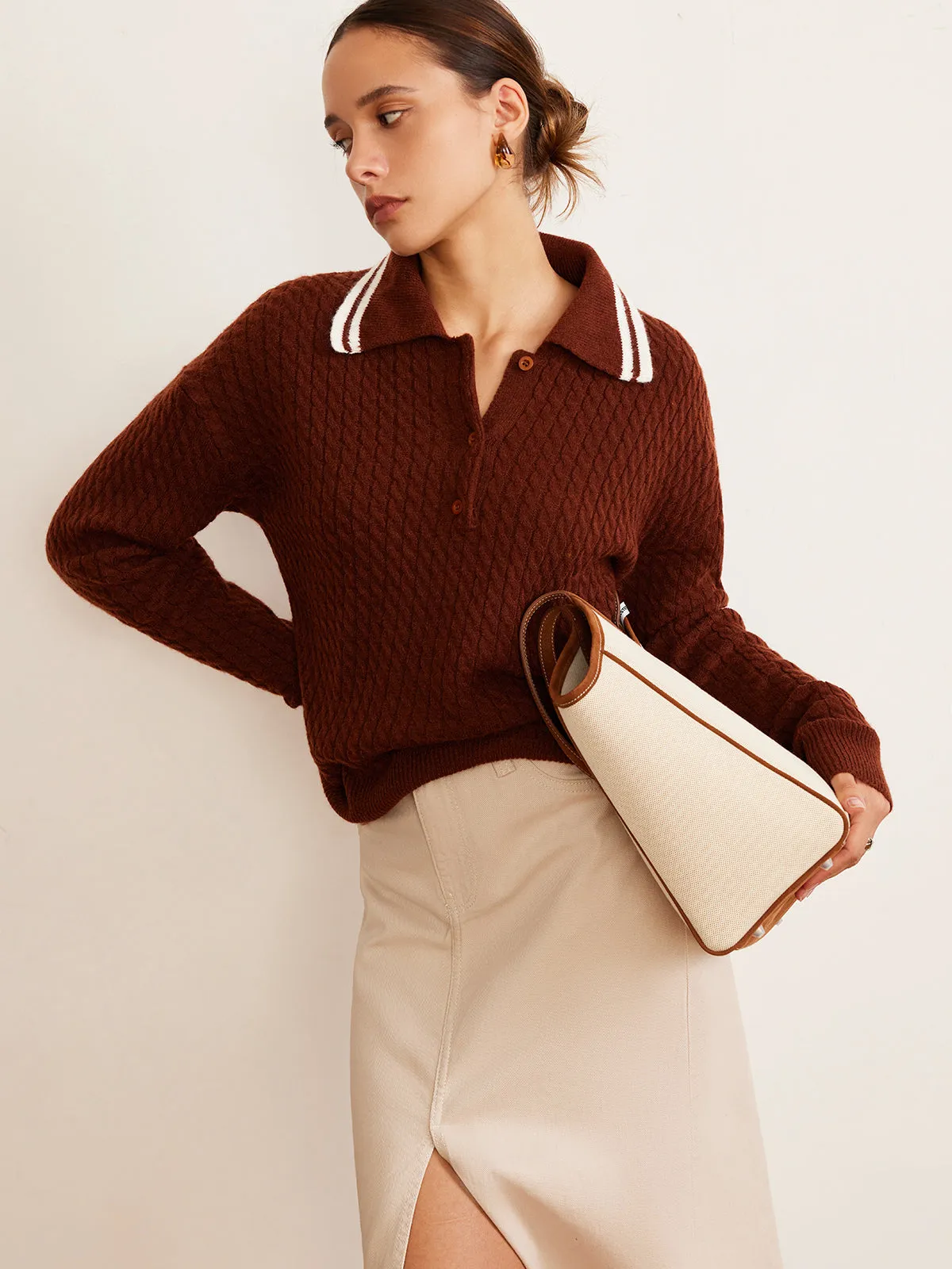Cable Knit Button Polo Sweater sold by COMMENSE