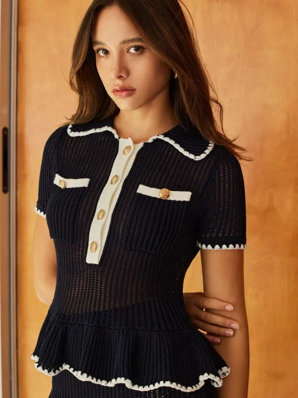 Sim-Sheer Ruffle Lapel Button Knit Top made by COMMENSE