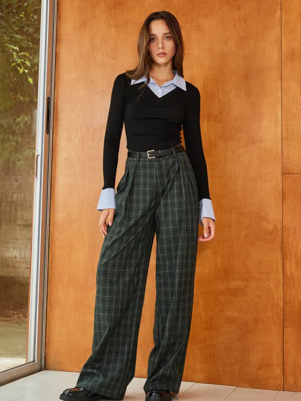 Vintage Plaid Belted Wide-Leg Pants sold by COMMENSE