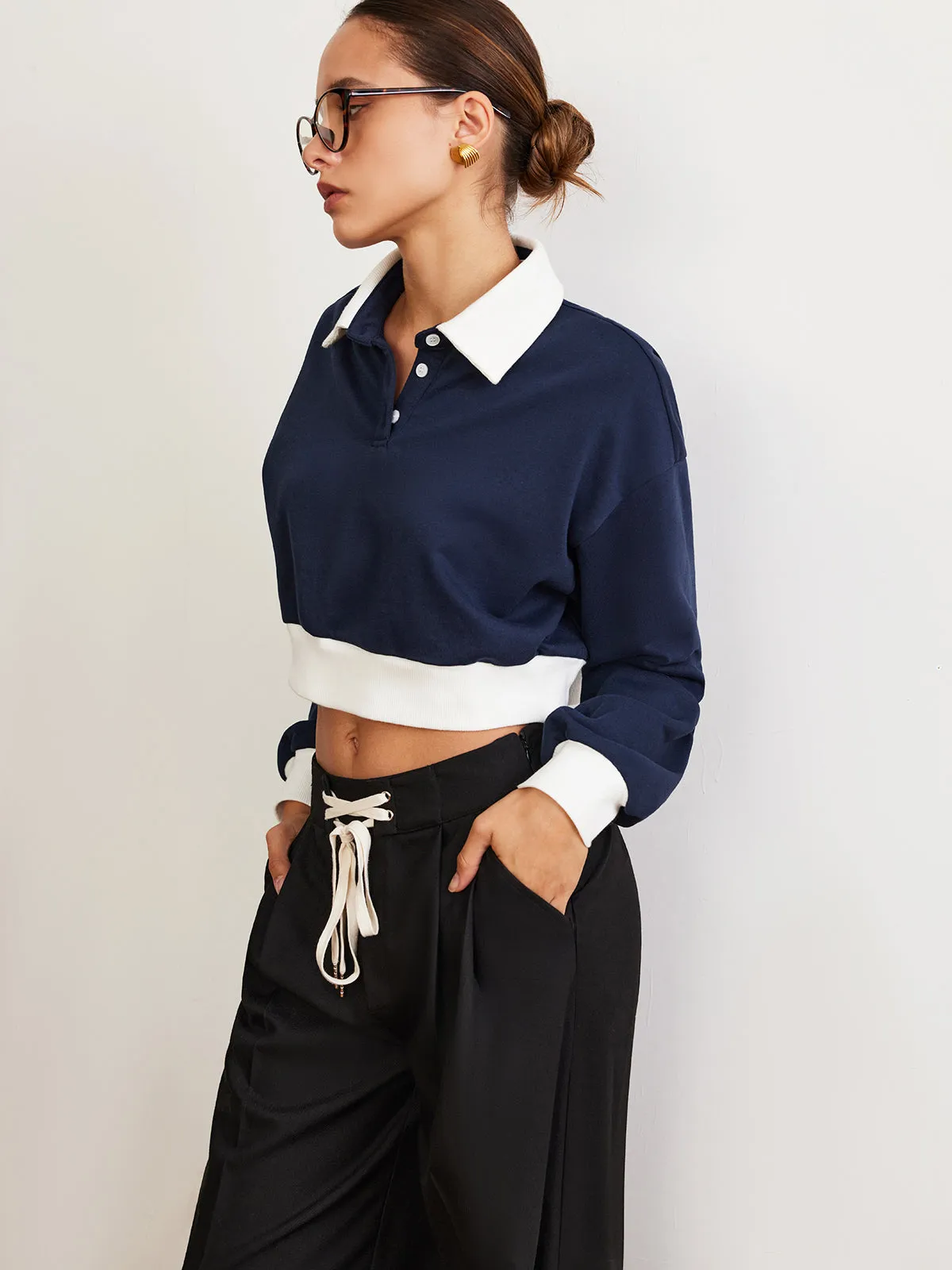 Patchwork Polo Crop Sweatshirt sold by COMMENSE product image thumbnail 4