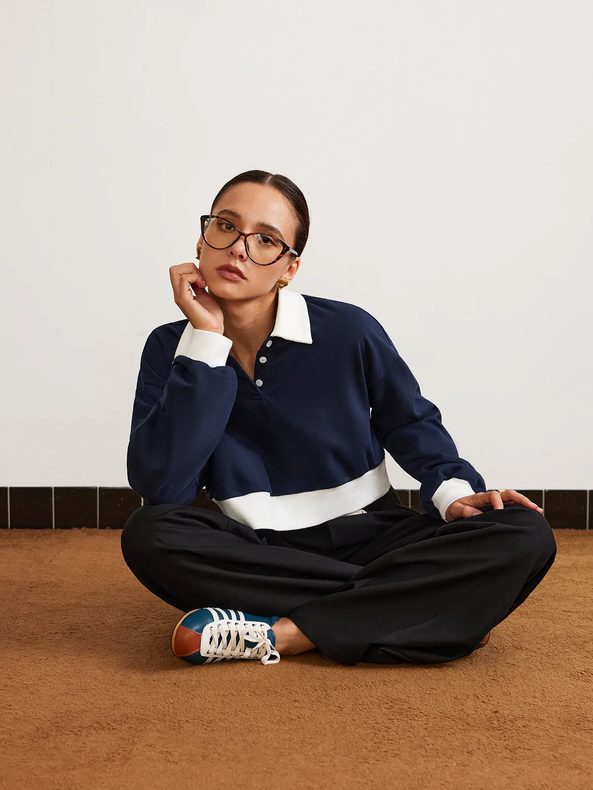 Patchwork Polo Crop Sweatshirt sold by COMMENSE product image thumbnail 5