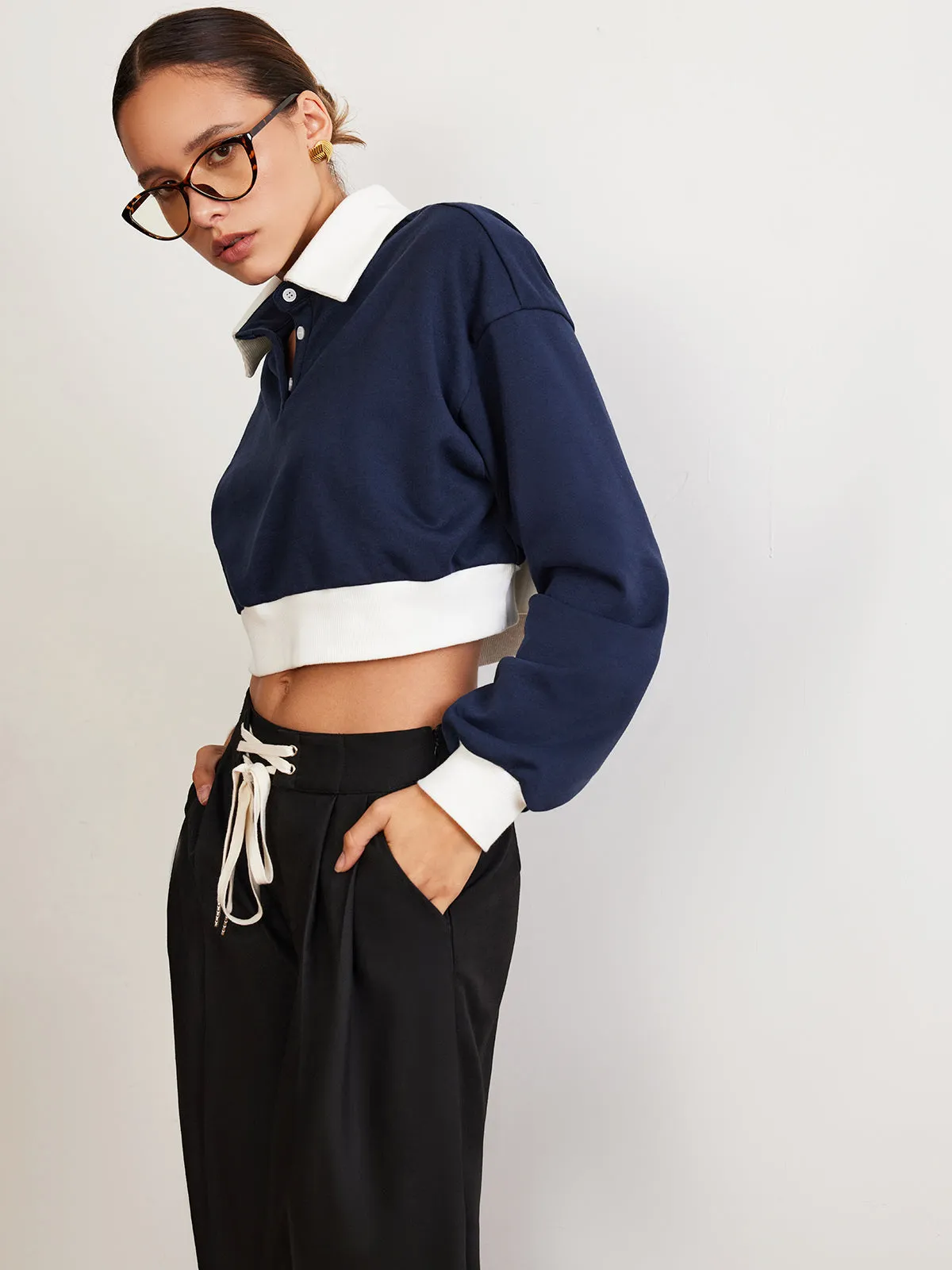 Patchwork Polo Crop Sweatshirt sold by COMMENSE product image thumbnail 3