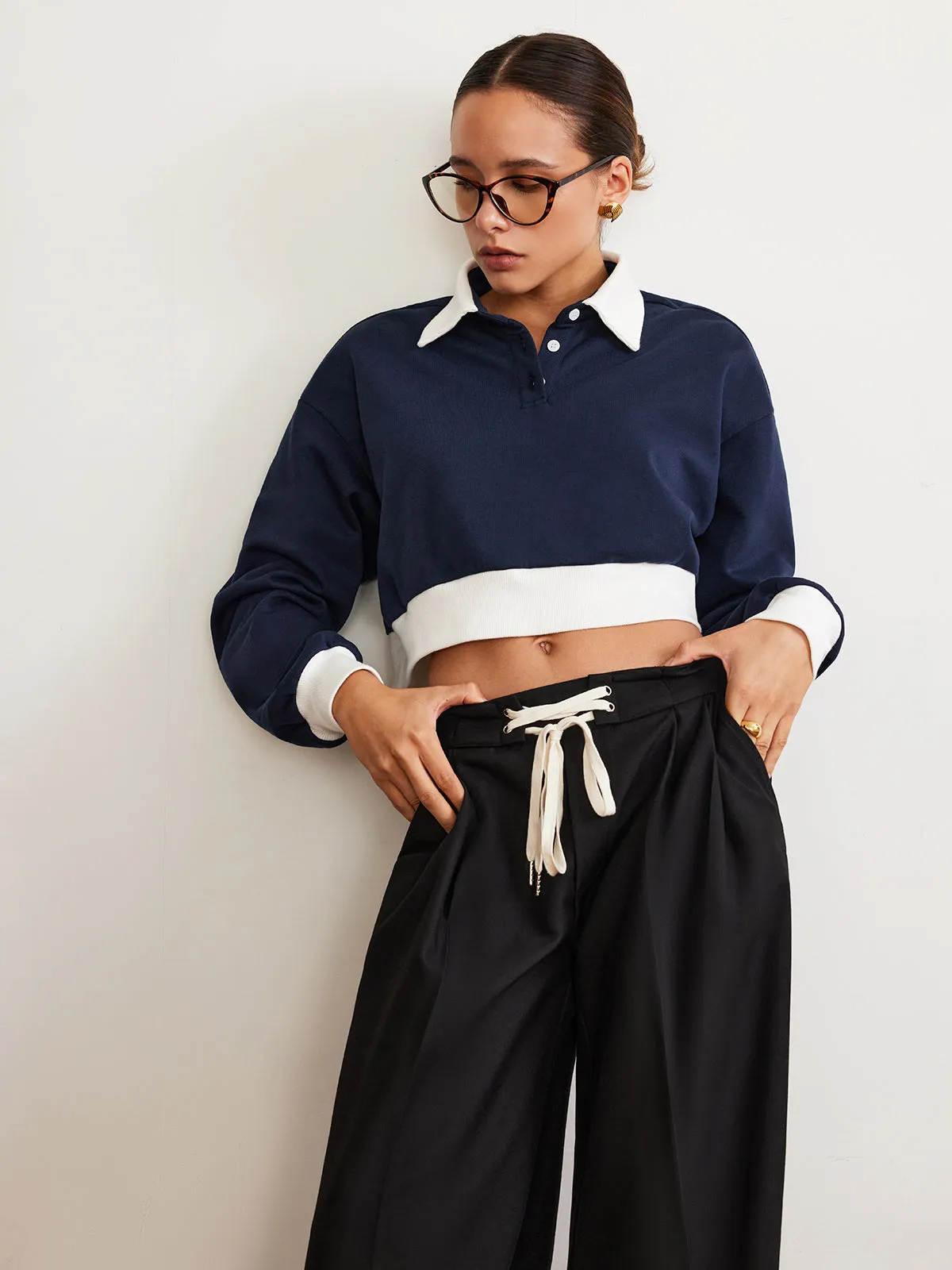 Patchwork Polo Crop Sweatshirt sold by COMMENSE