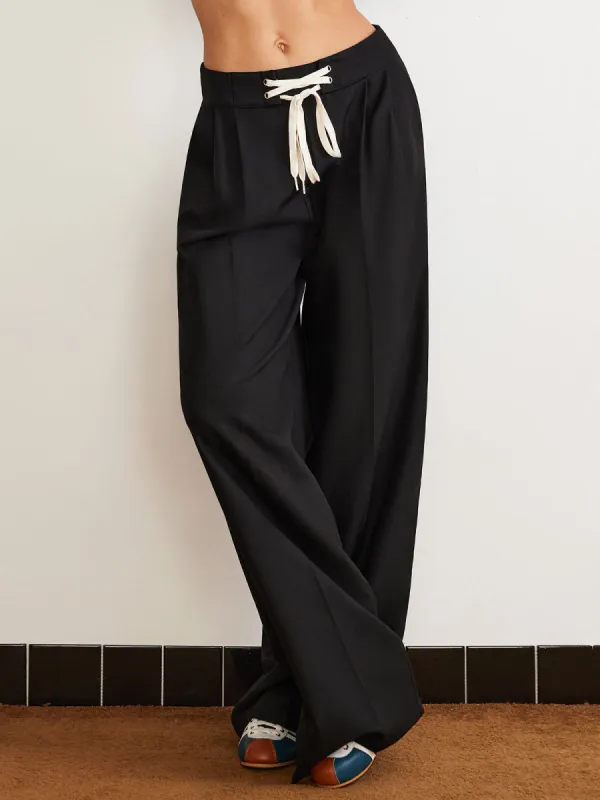 Plain Drawstring Wide-Leg Pants sold by COMMENSE