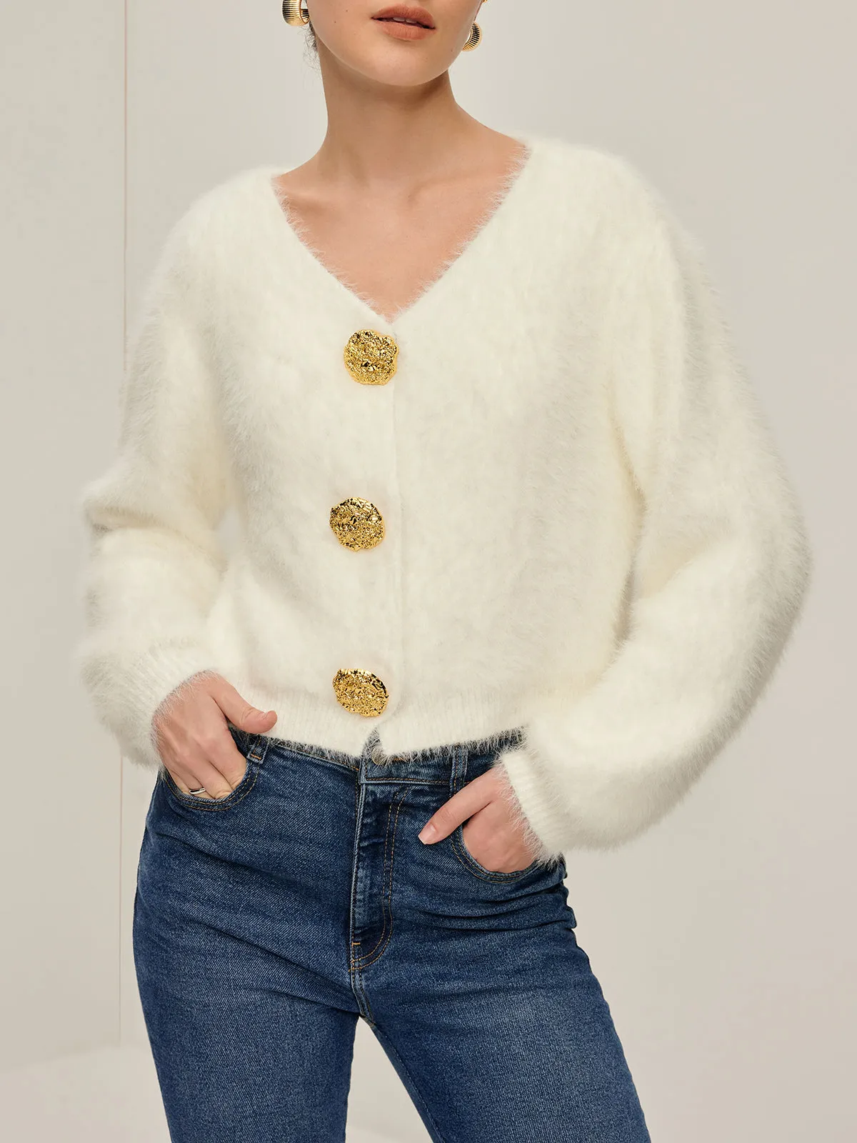 Fuzzy Golden Button Cardigan sold by COMMENSE