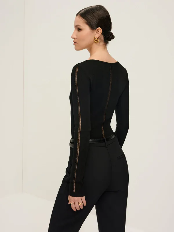 Plain Sheer Piping Knit Top sold by COMMENSE
