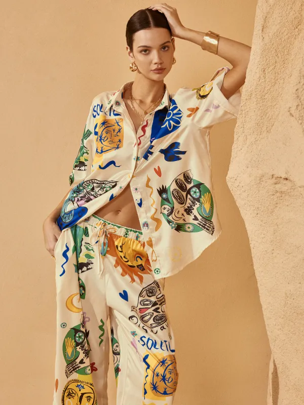 Satin Graffiti Lapel Pants Set sold by COMMENSE