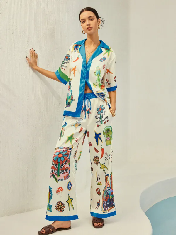 Contrast Binding Print Pants Set sold by COMMENSE