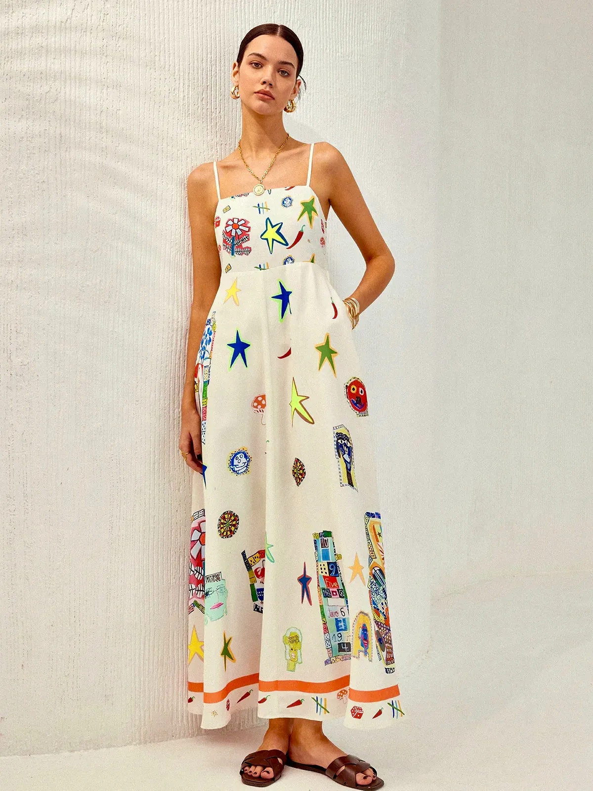 Adjustable Strap Print Dress With Pockets sold by COMMENSE