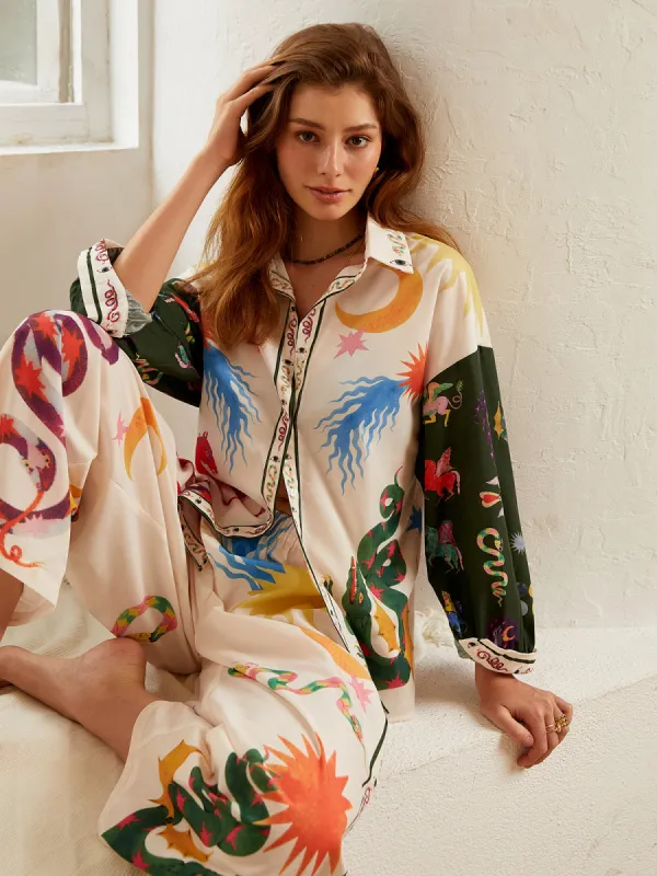 Boho Print Loose Shirt With Wide Leg Pants Set sold by COMMENSE