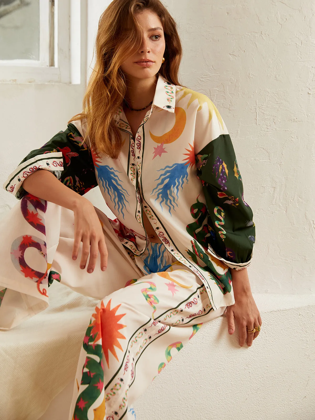 Boho Print Loose Shirt With Wide Leg Pants Set sold by COMMENSE product image thumbnail 2