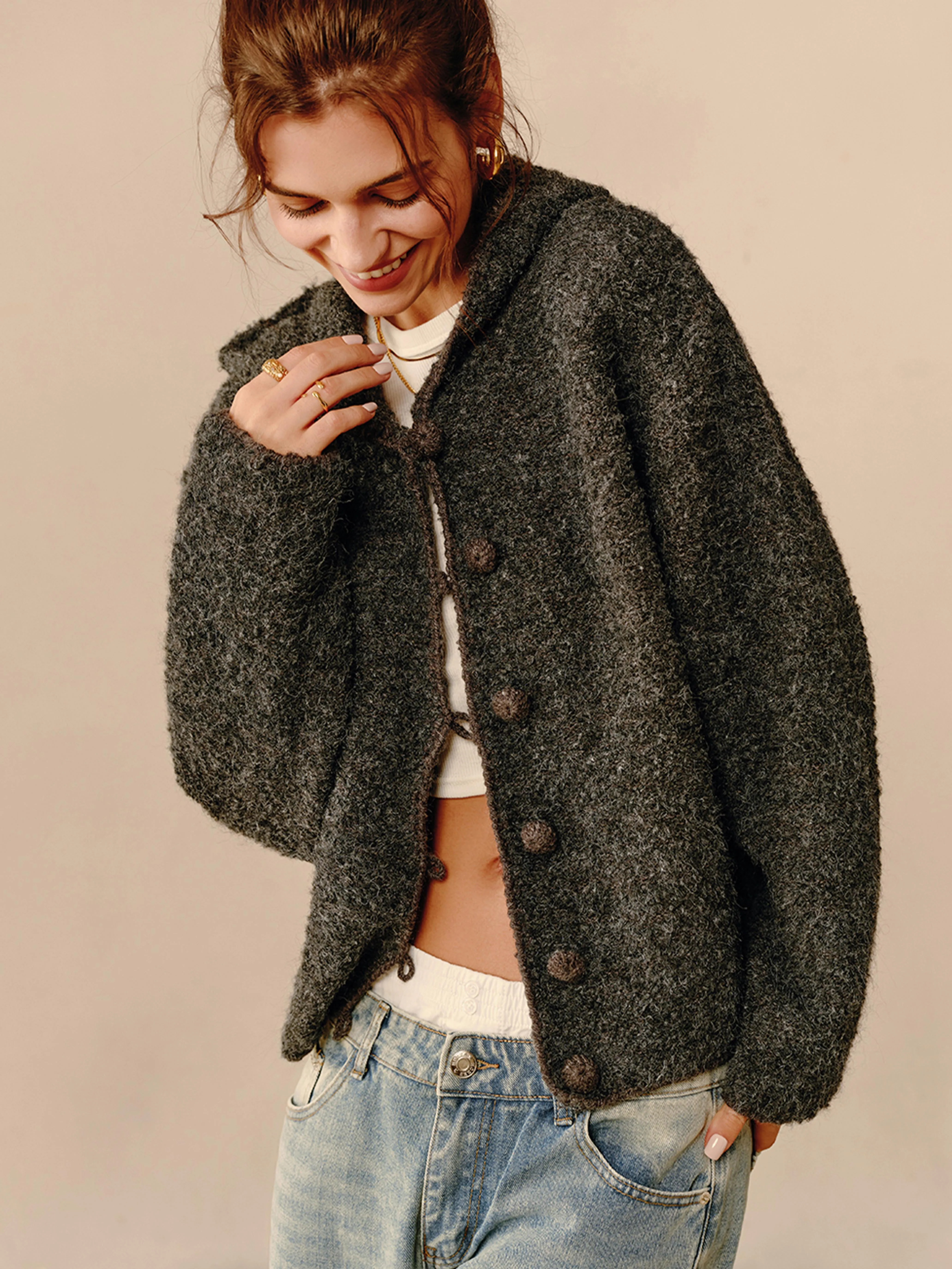 Wool-Blend Breasted Hooded Cardigan sold by COMMENSE product image thumbnail 2