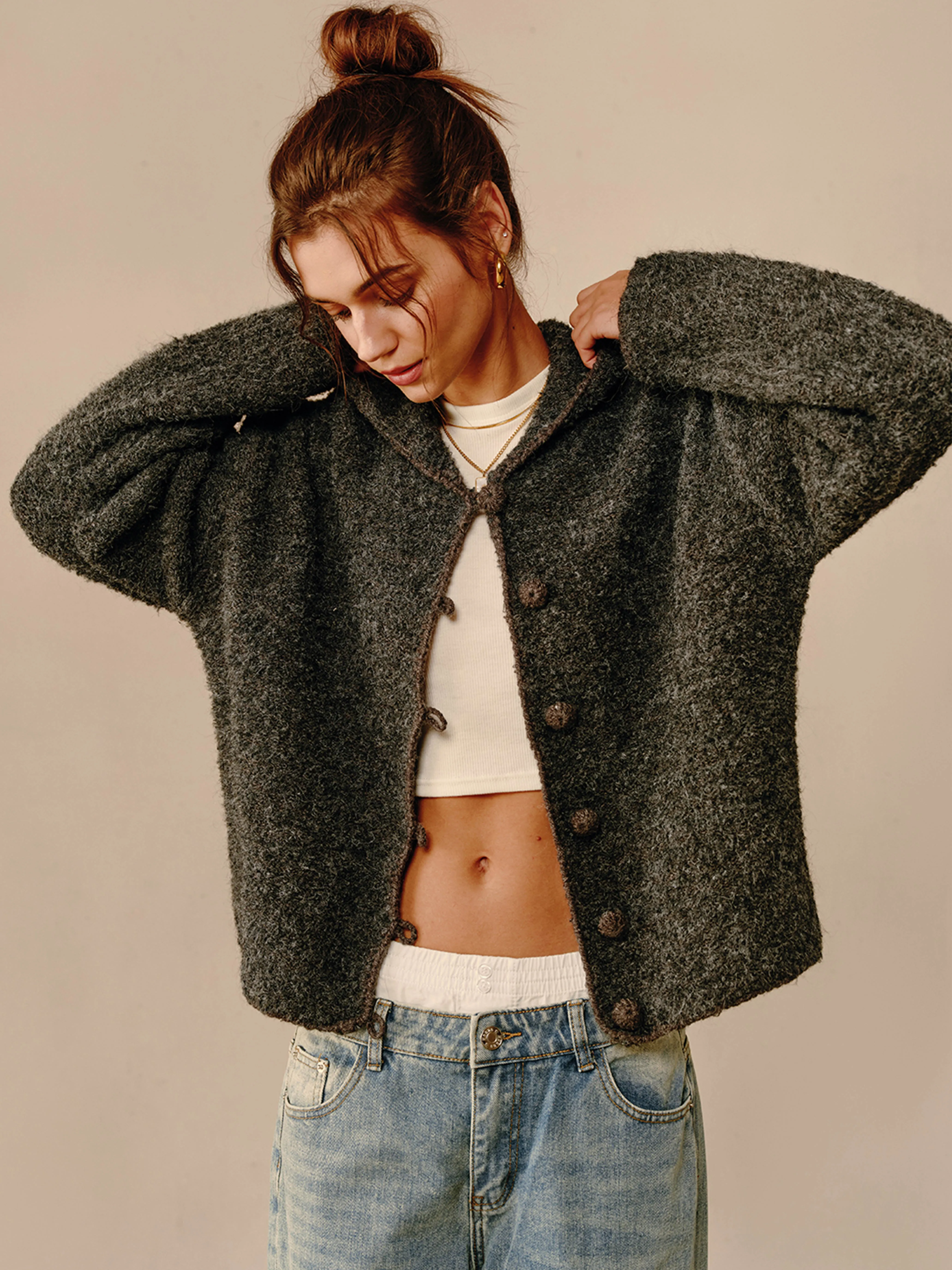 Wool-Blend Breasted Hooded Cardigan sold by COMMENSE