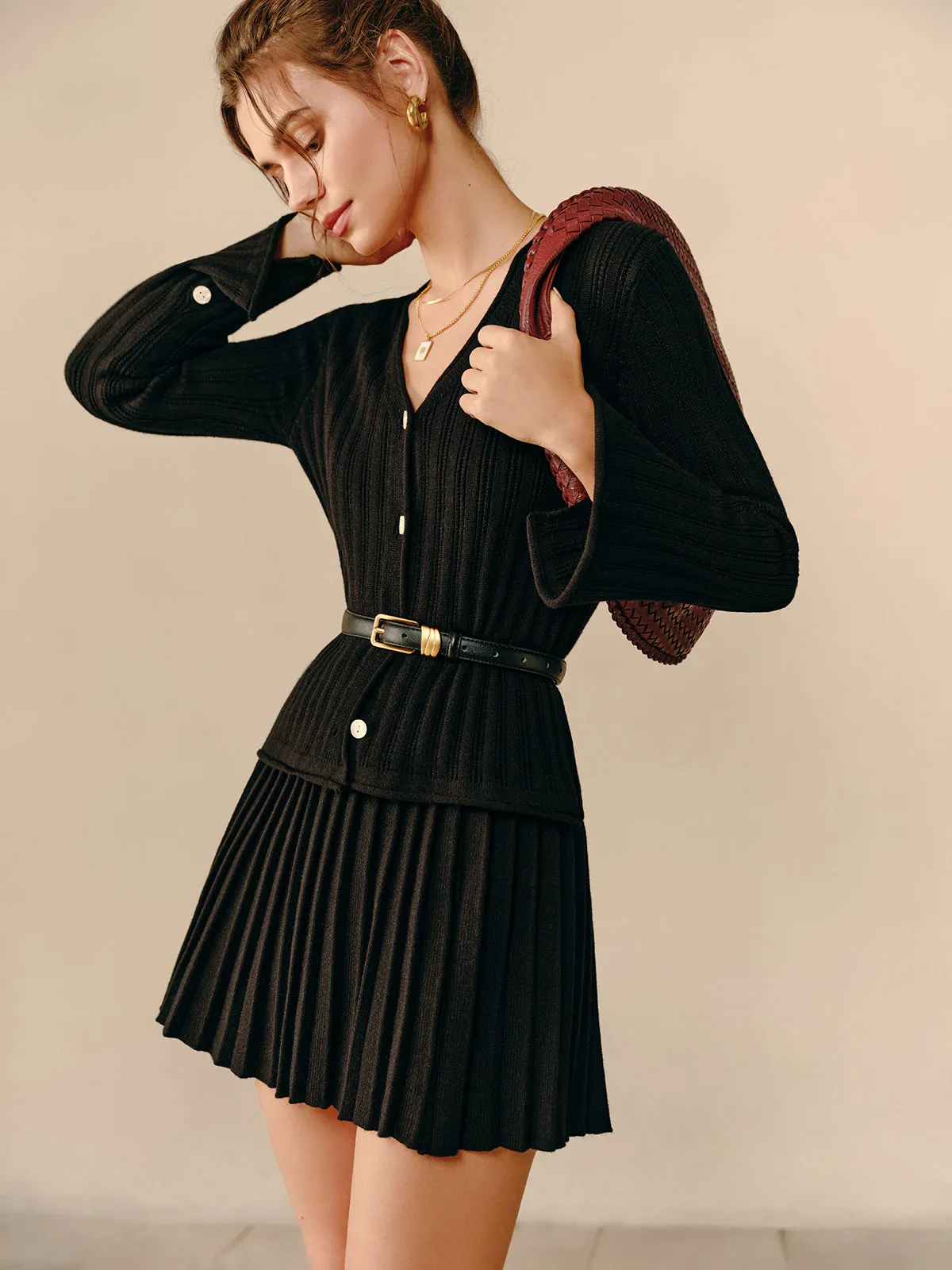 V-Neck Pleated Sweater Co-ord Without Belt sold by COMMENSE