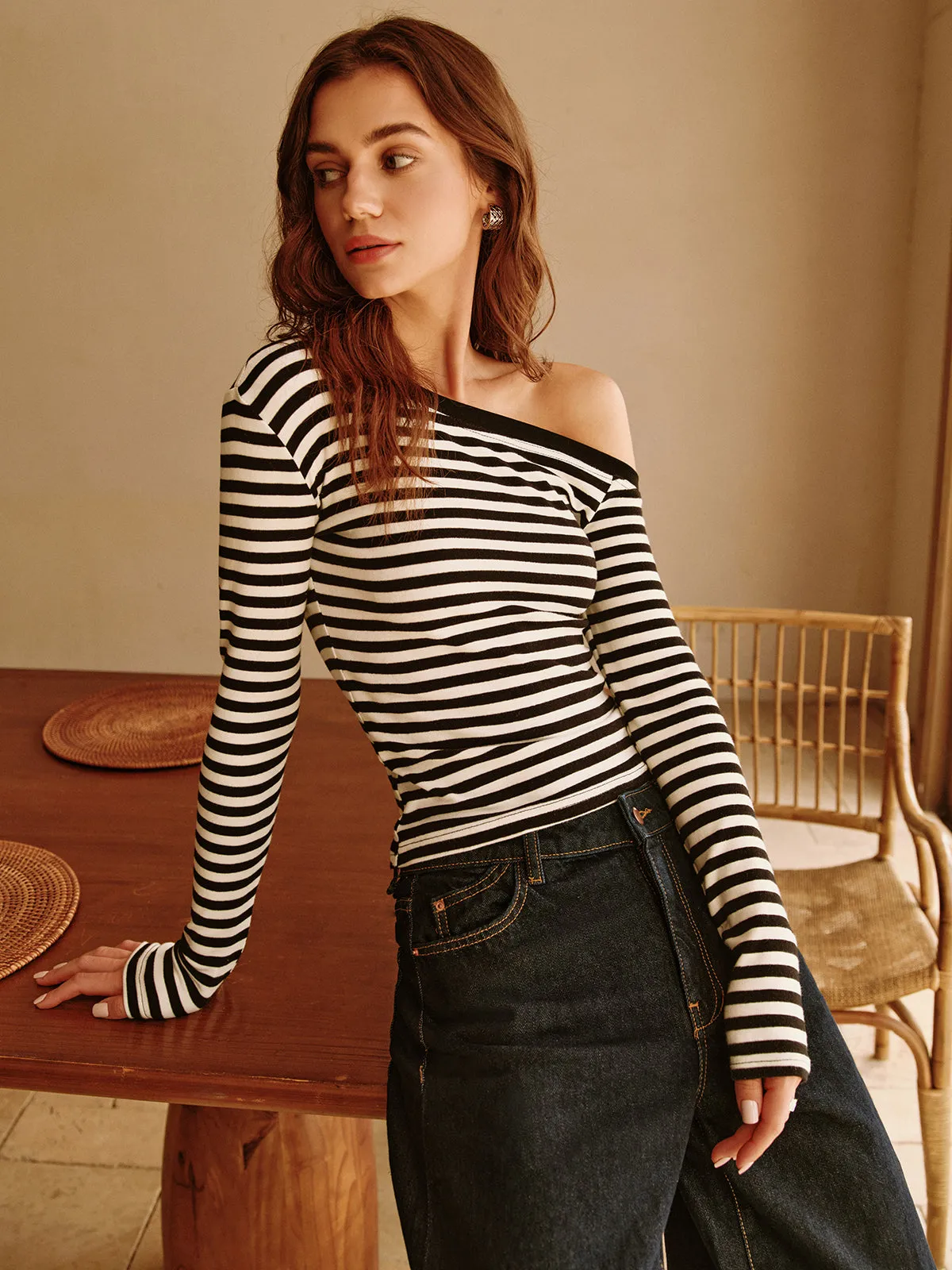 Cold-Shoulder Striped Jersey Blouse sold by COMMENSE product image thumbnail 2