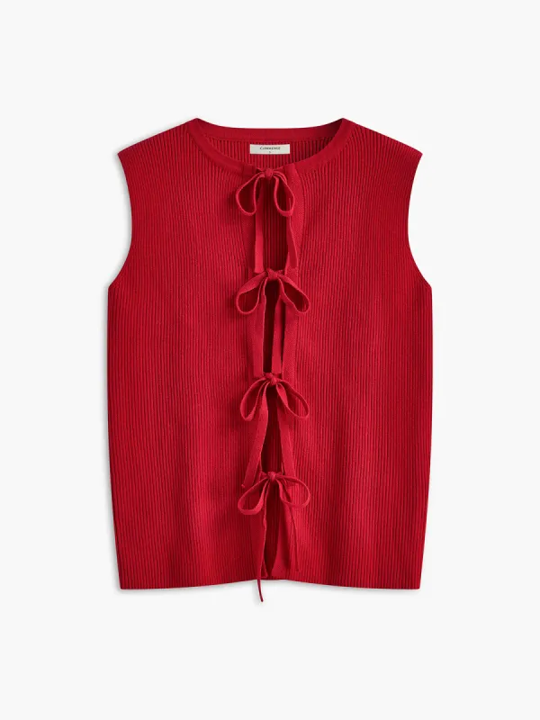 Ribbed Tie Neck Sweater Vest sold by COMMENSE