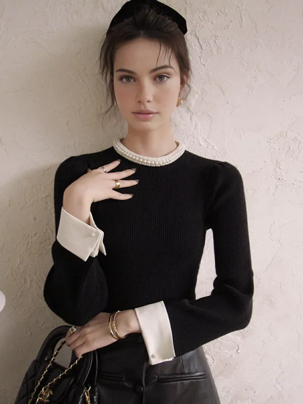 Contrast Trim Pearl-Detail Sweater sold by COMMENSE