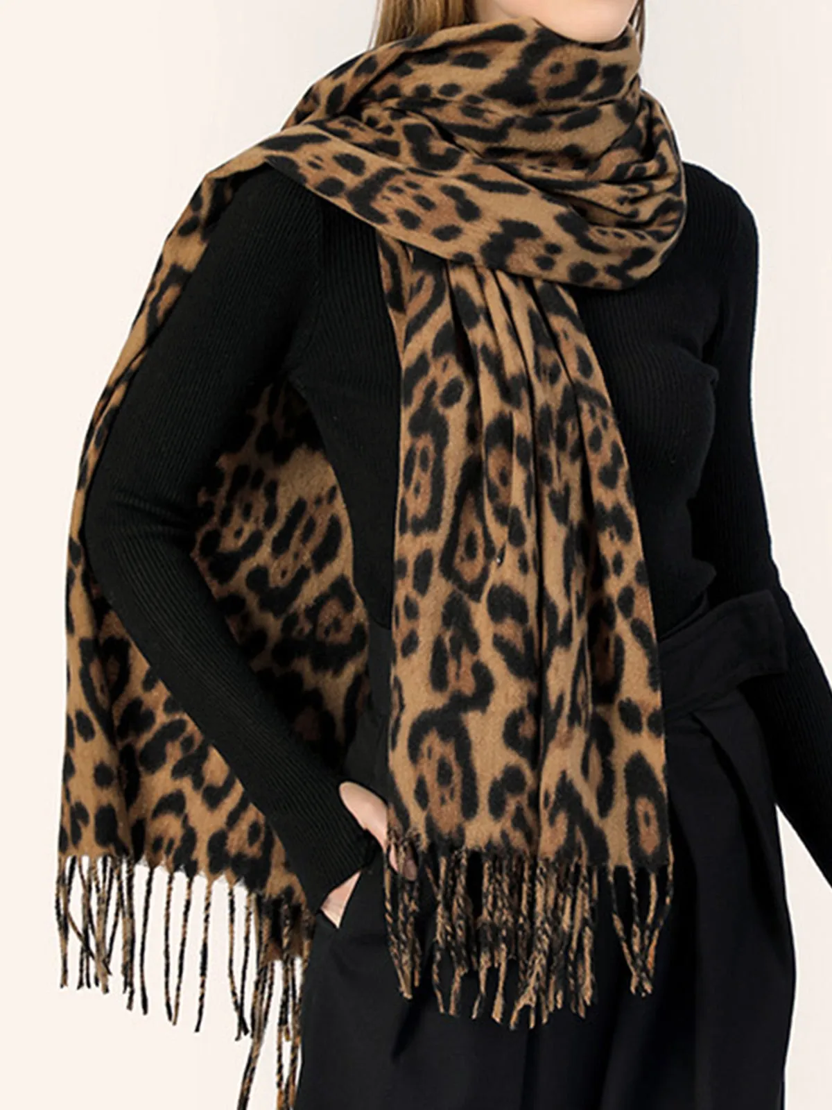 Leopard Printed Tassel Warm Scarf sold by COMMENSE product image thumbnail 2