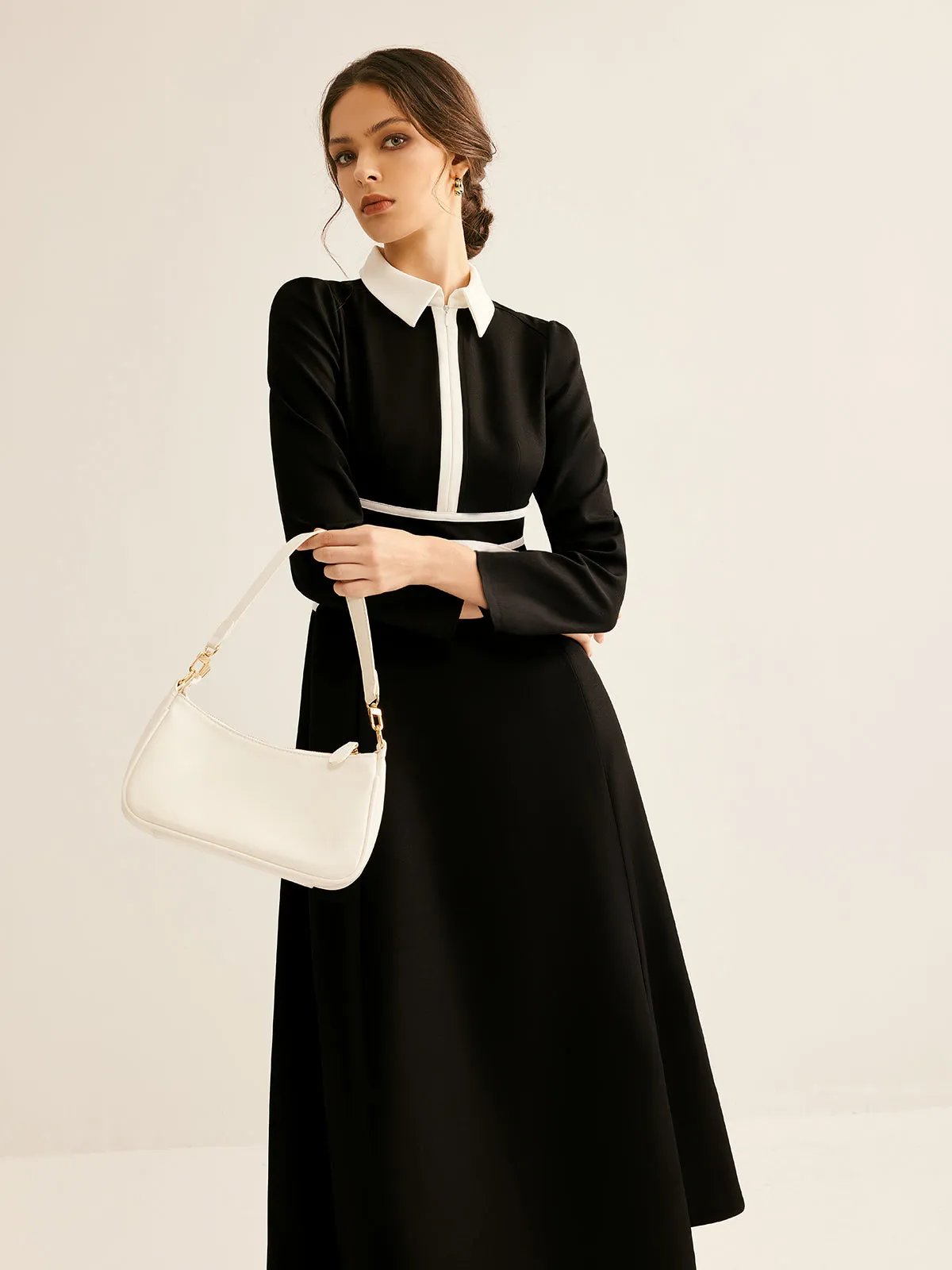 Contrast Piping Long Sleeve Lapel Dress sold by COMMENSE
