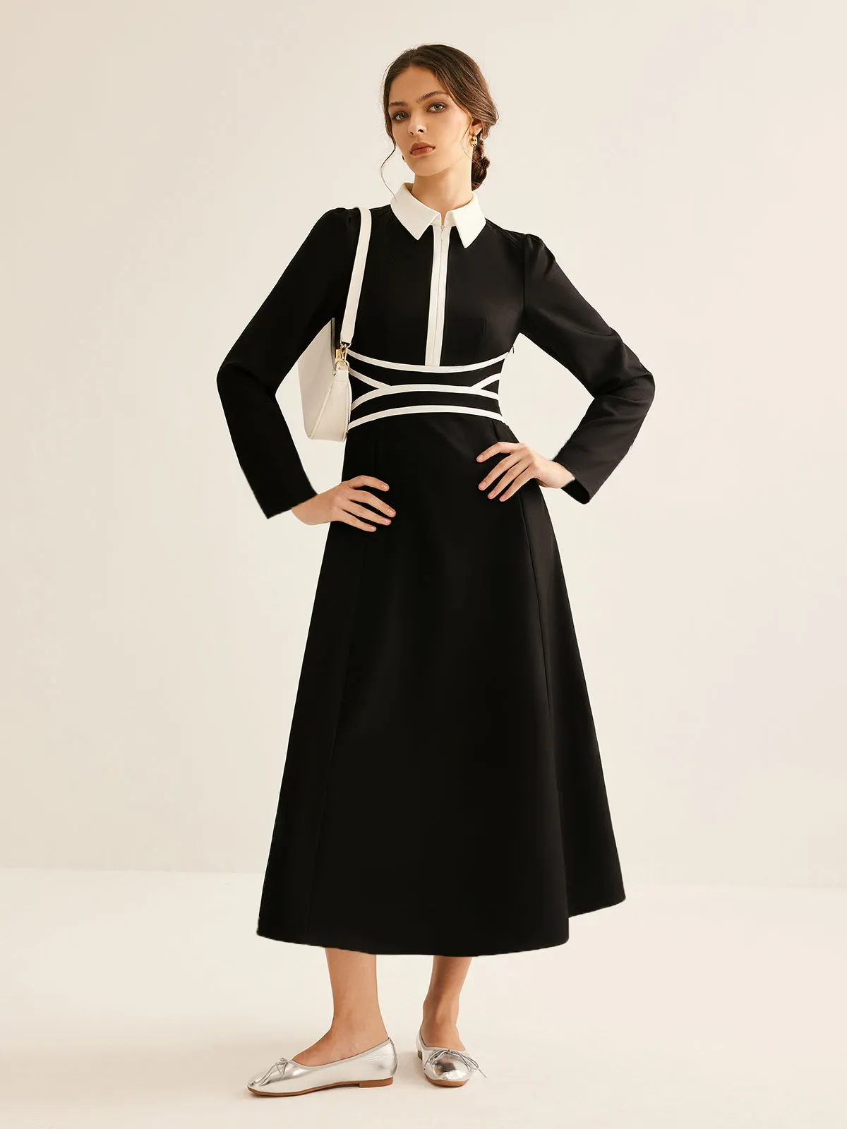 Contrast Piping Long Sleeve Lapel Dress sold by COMMENSE product image thumbnail 5
