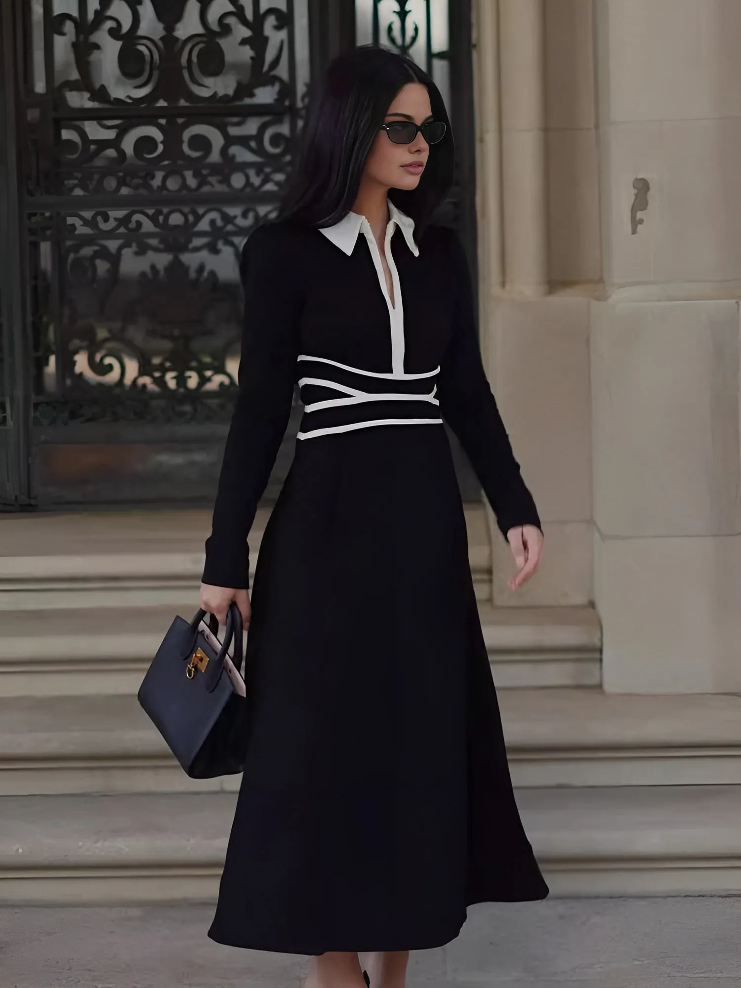 Contrast Piping Long Sleeve Lapel Dress sold by COMMENSE product image thumbnail 2