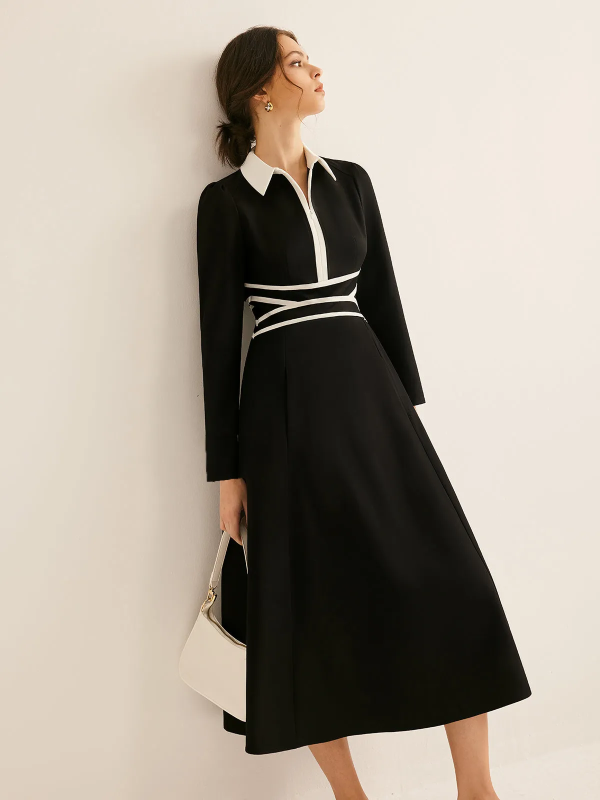 Contrast Piping Long Sleeve Lapel Dress sold by COMMENSE product image thumbnail 3