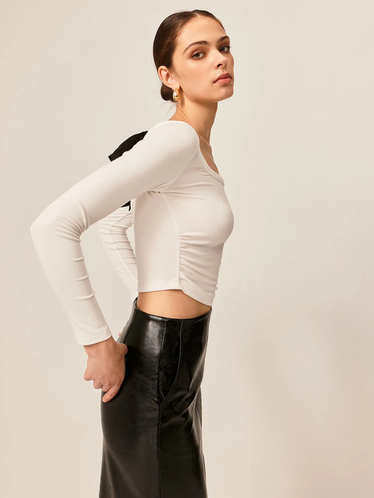 Backless Pleated Bow Crop T-Shirt sold by COMMENSE product image thumbnail 3