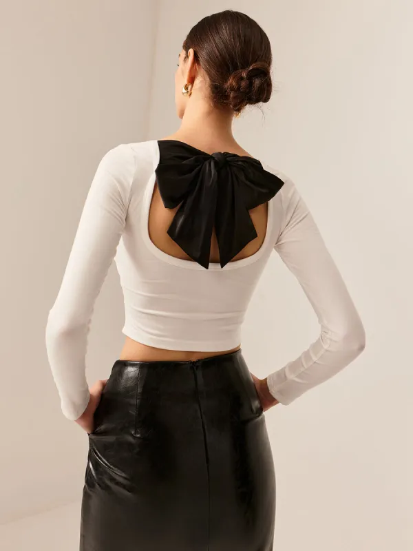 Backless Pleated Bow Crop T-Shirt sold by COMMENSE