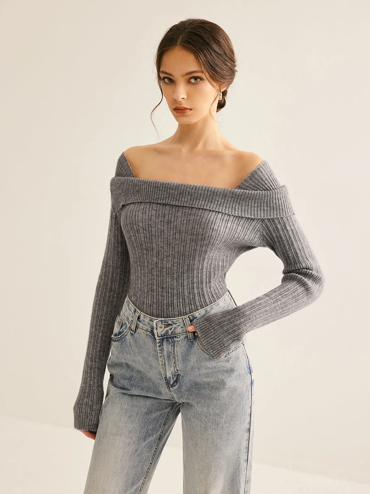 Cold Shoulder Ribbed Slim Sweater sold by COMMENSE product image thumbnail 4