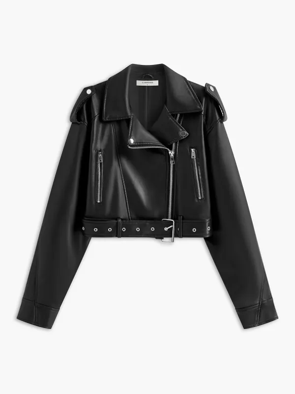 Zipper Belted Faux Leather Jacket sold by COMMENSE