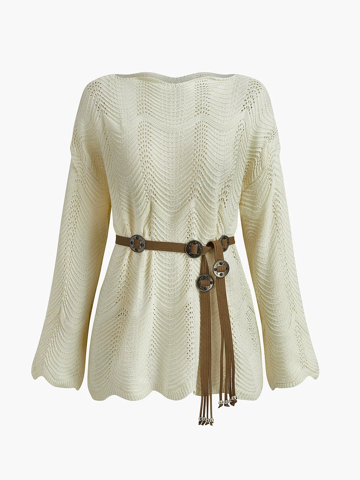Plain Wave Trim Belted Sweater sold by COMMENSE