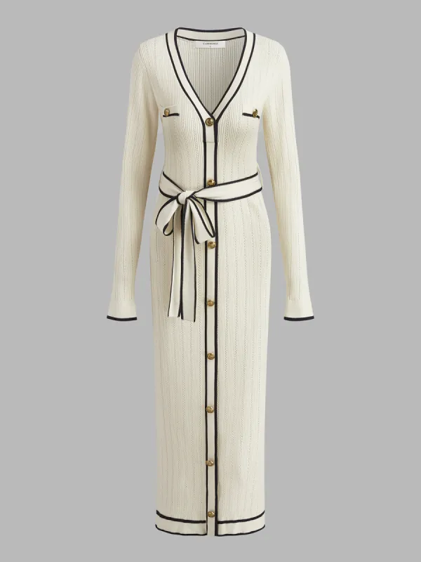 V-Neck Contrast Trim Belted Sweater Dress sold by COMMENSE