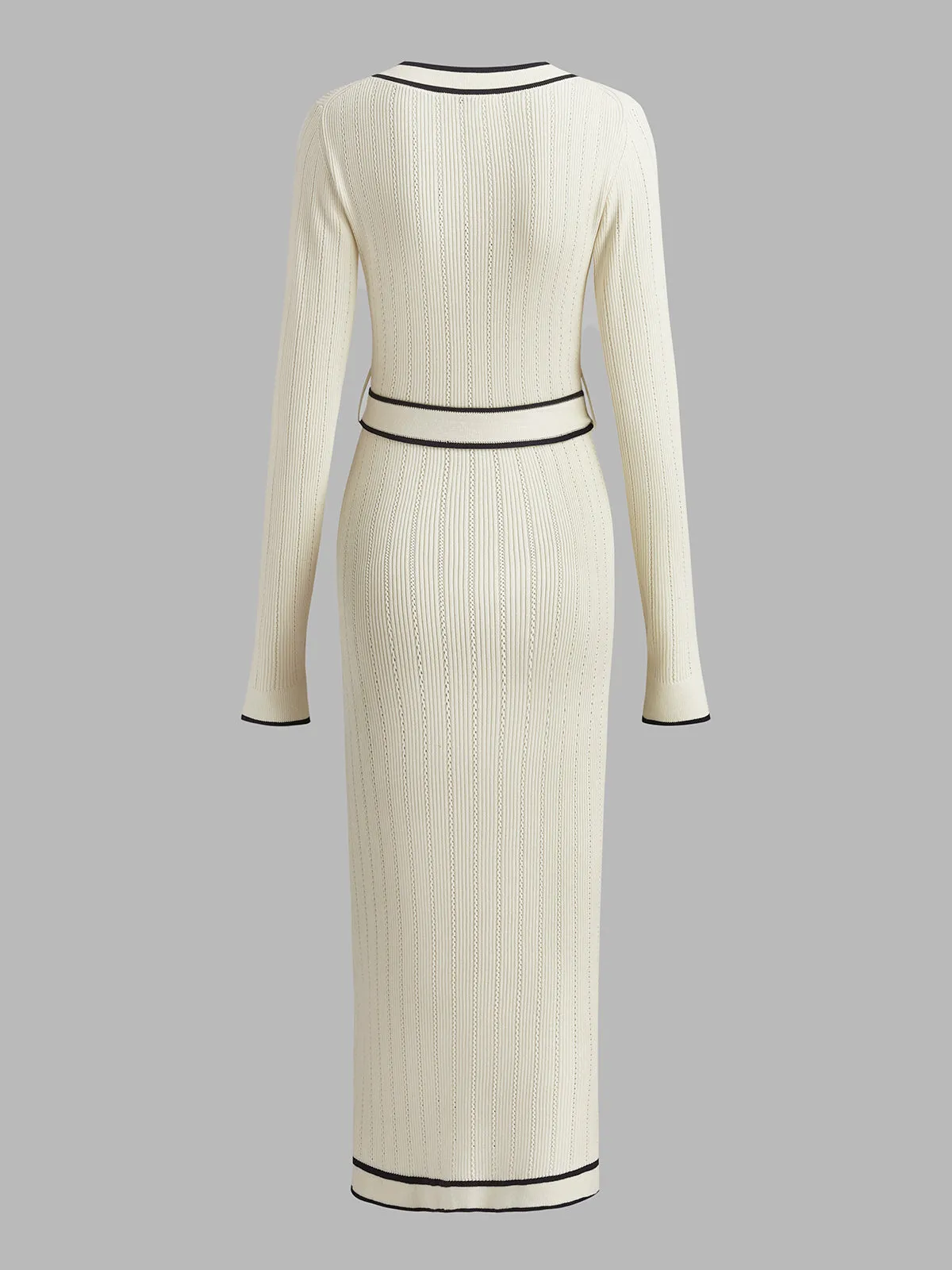 V-Neck Contrast Trim Belted Sweater Dress sold by COMMENSE product image thumbnail 2