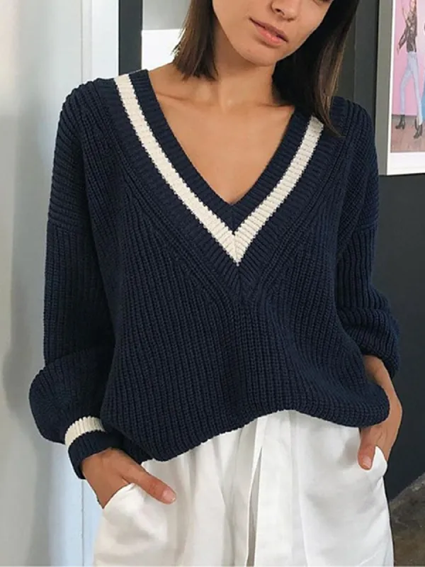V-Neck Contrast Trim Sweater sold by COMMENSE