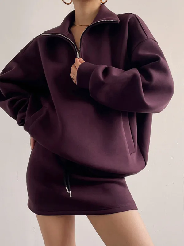 Drawstring Zipper Lapel Skirt Set sold by COMMENSE